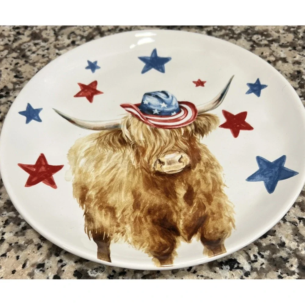 Set Of 4 Hobby Lobby Patriotic Highland Cows Plates Cowboy Hat Ceramic